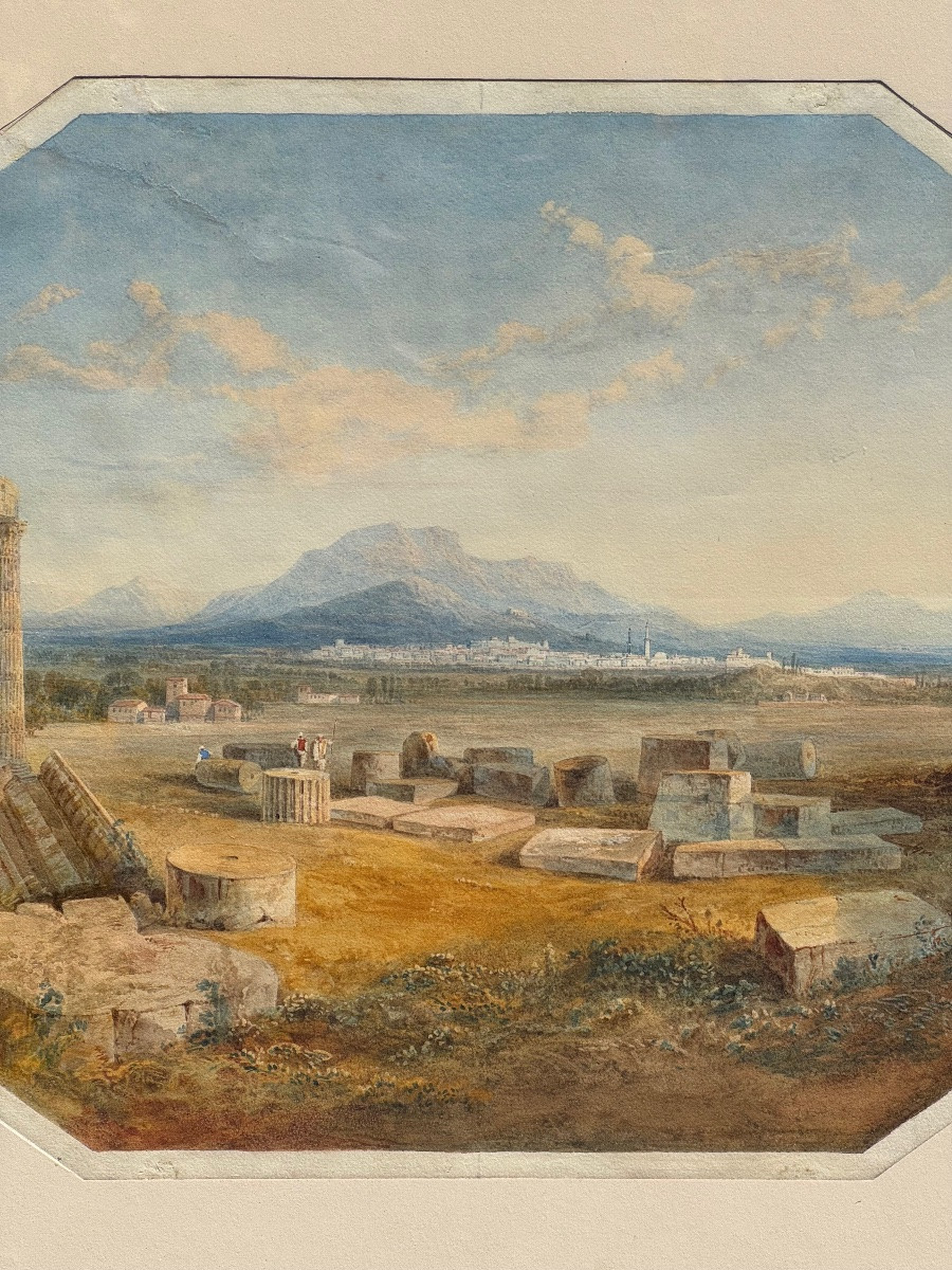 Vue de ruines-Baalbek au Liban (?)-Dessin-Aquarelle-École Anglaise-XIXe siècle-Temple-Antique-photo-1