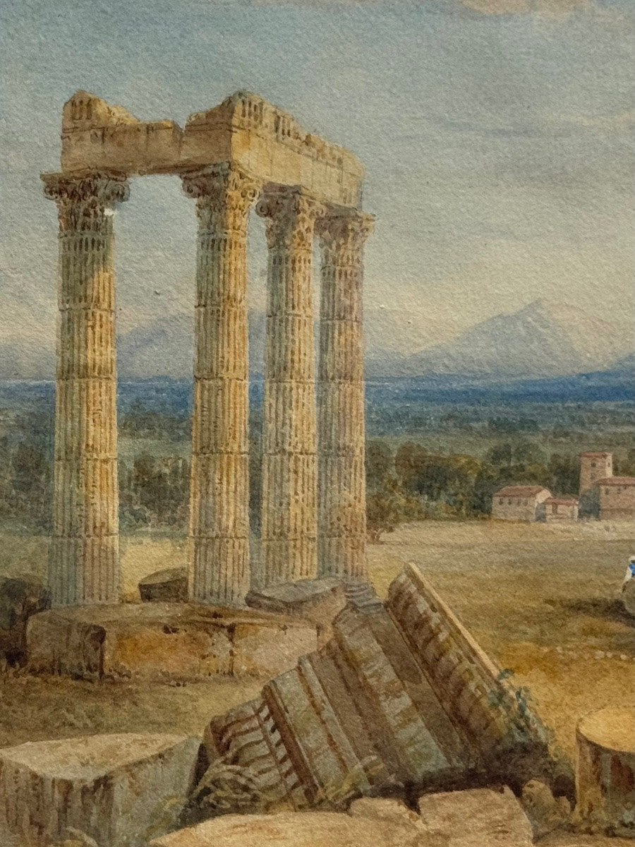 Vue de ruines-Baalbek au Liban (?)-Dessin-Aquarelle-École Anglaise-XIXe siècle-Temple-Antique-photo-3
