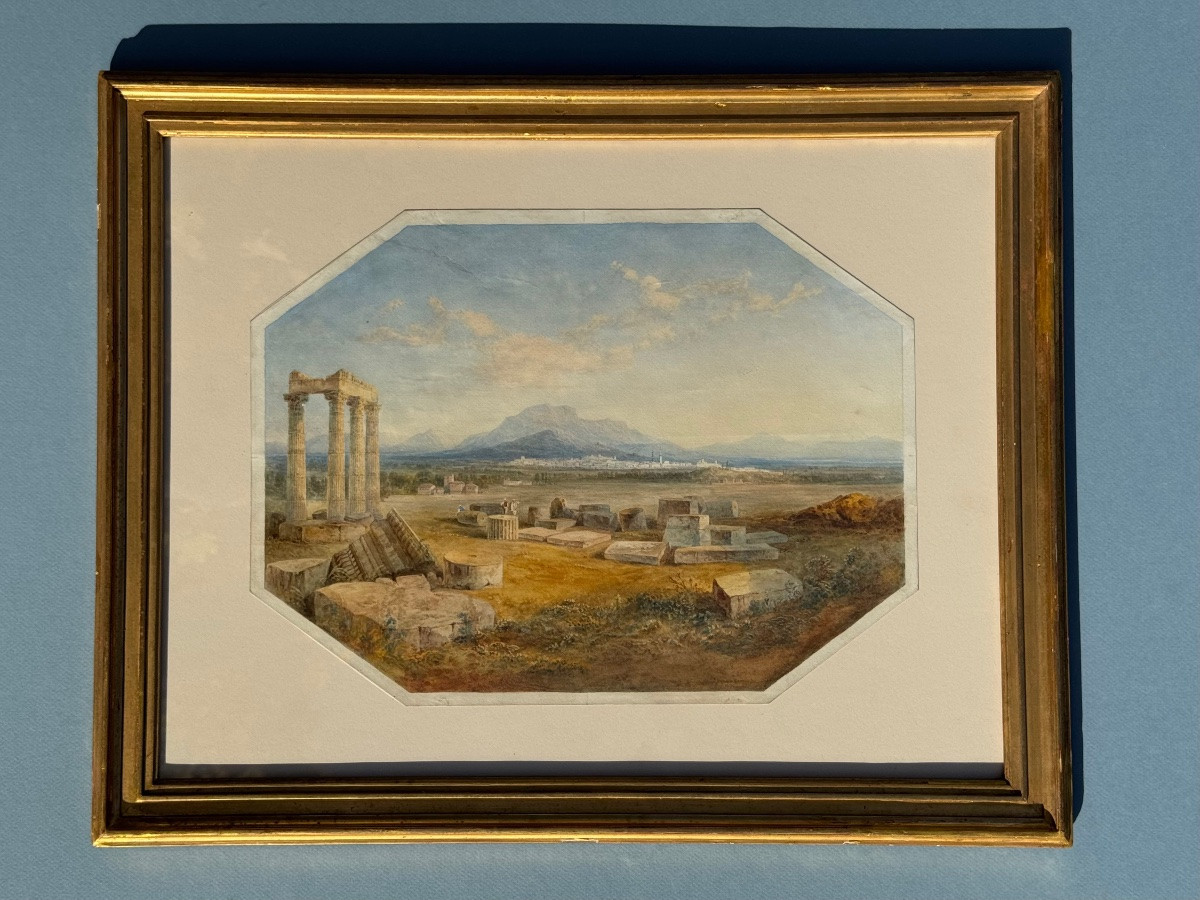 Vue de ruines-Baalbek au Liban (?)-Dessin-Aquarelle-École Anglaise-XIXe siècle-Temple-Antique-photo-4