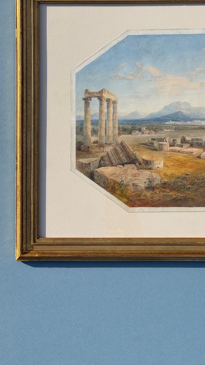 Vue de ruines-Baalbek au Liban (?)-Dessin-Aquarelle-École Anglaise-XIXe siècle-Temple-Antique-photo-5