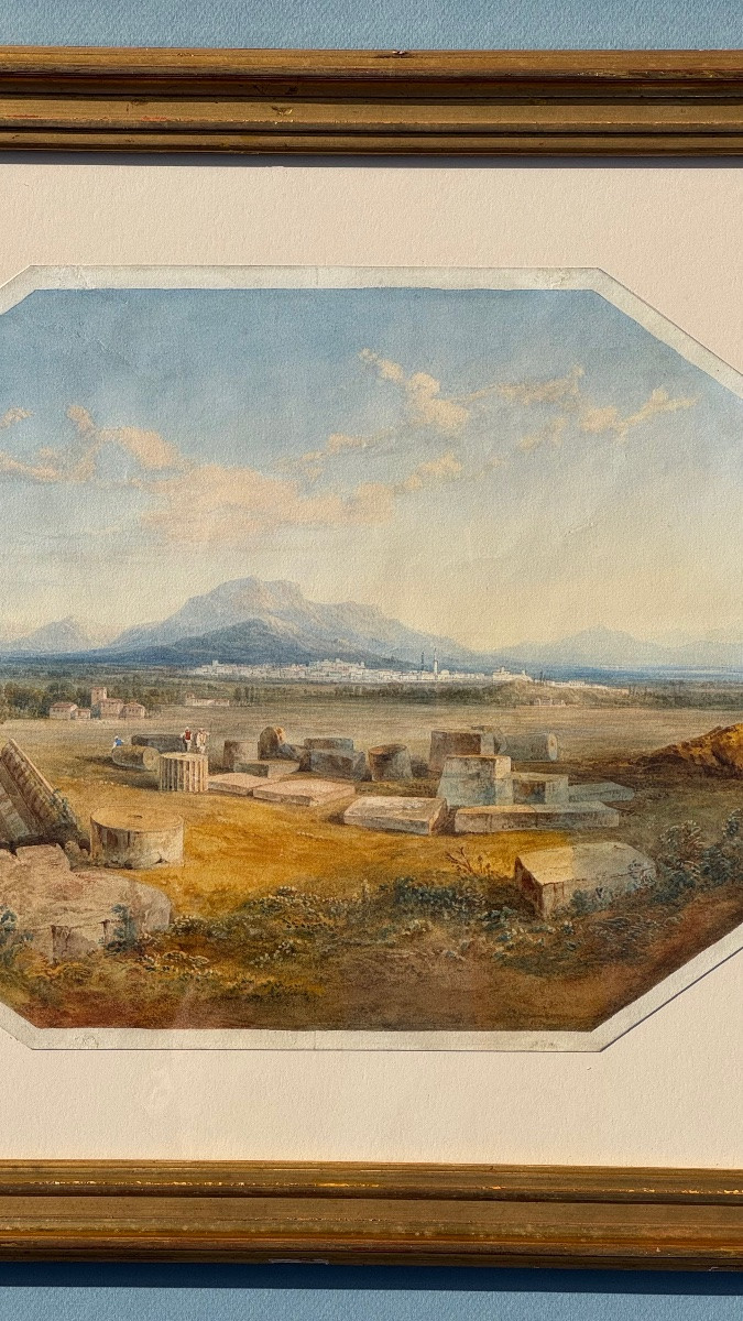 Vue de ruines-Baalbek au Liban (?)-Dessin-Aquarelle-École Anglaise-XIXe siècle-Temple-Antique-photo-7