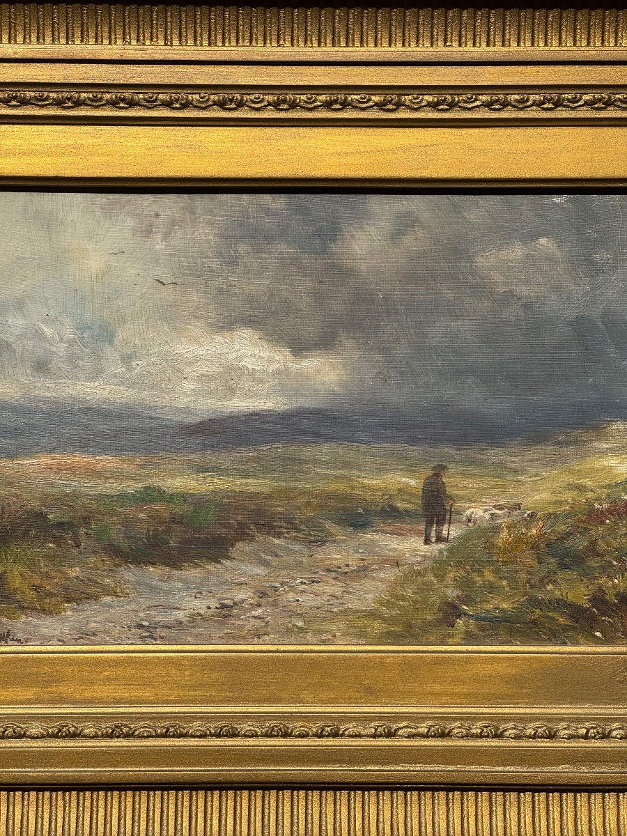 Shepherd And His Sheep - Countryside - Oil On Canvas - Painting - 19th Century English School - Romantic-photo-2