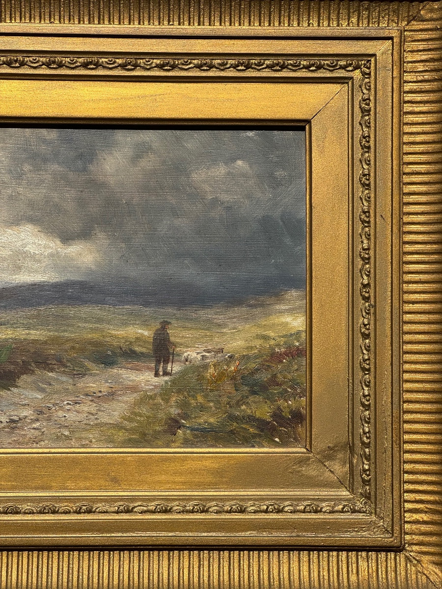 Shepherd And His Sheep - Countryside - Oil On Canvas - Painting - 19th Century English School - Romantic-photo-3