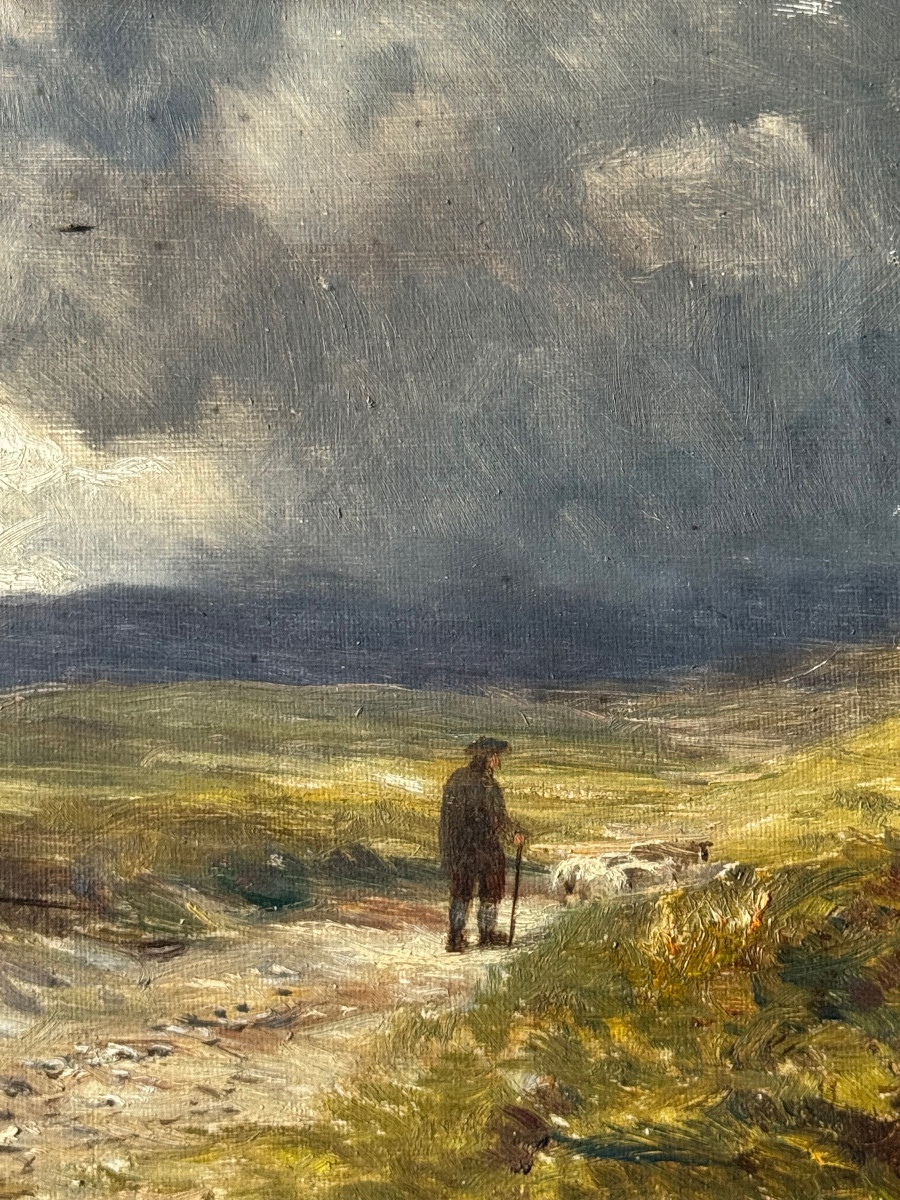 Shepherd And His Sheep - Countryside - Oil On Canvas - Painting - 19th Century English School - Romantic