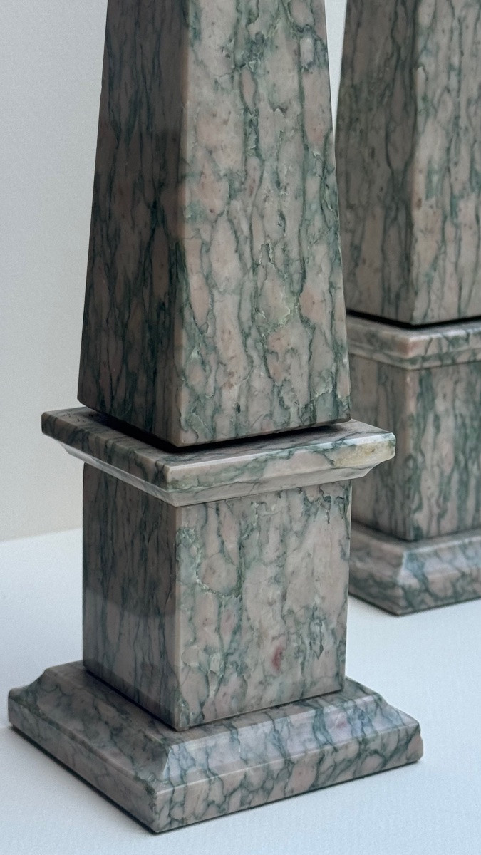 Pair Of Obelisks In Pink And Green Campan Marble, Neoclassical Style-photo-3