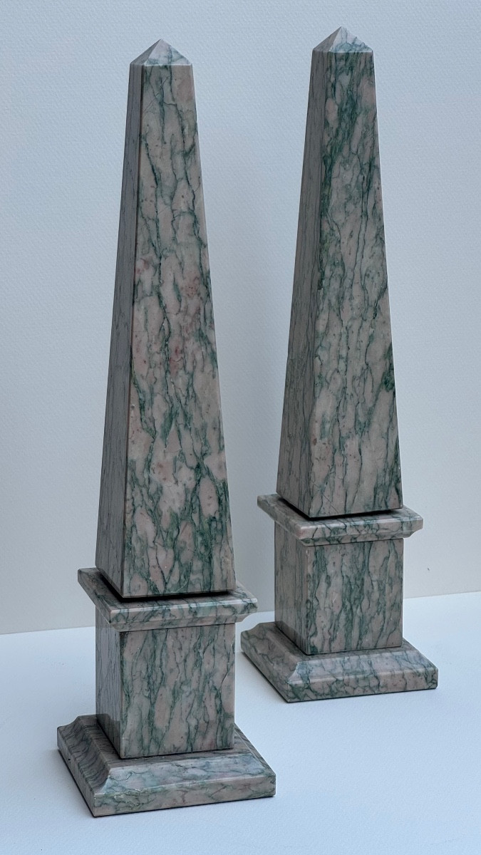 Pair Of Obelisks In Pink And Green Campan Marble, Neoclassical Style