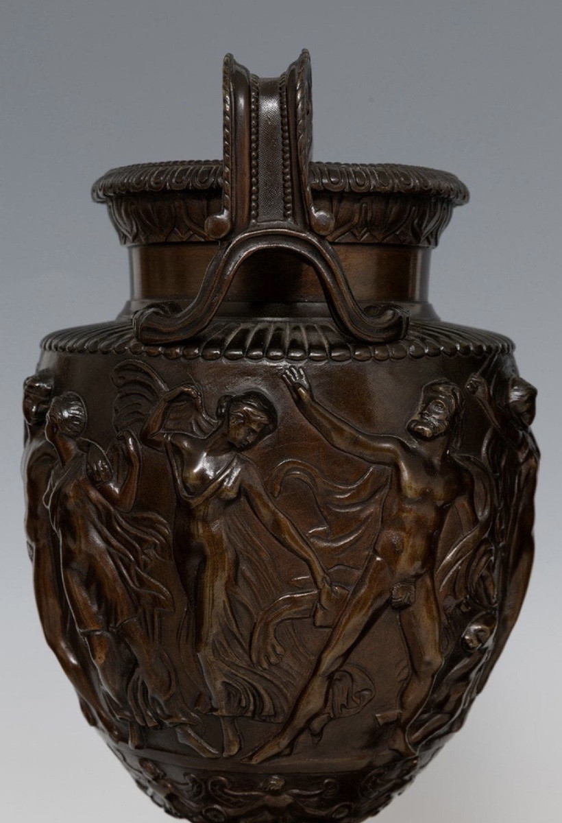 Pair Of Patinated Bronze Vases, Bacchanalian Decoration, After Clodion, Antique Neoclassical Style-photo-2