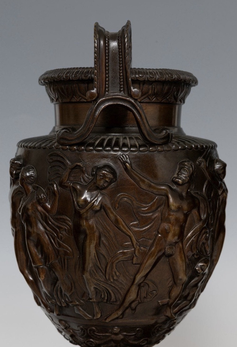 Pair Of Patinated Bronze Vases, Bacchanalian Decoration, After Clodion, Antique Neoclassical Style-photo-1