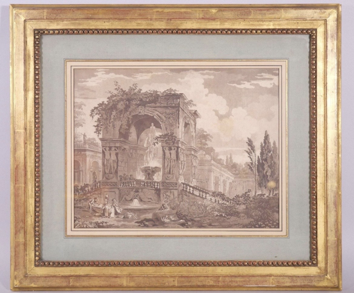 Caprice architectural animé à la fontaine-dessin-Gravure à l'aquatinte d'après Hubert Robert