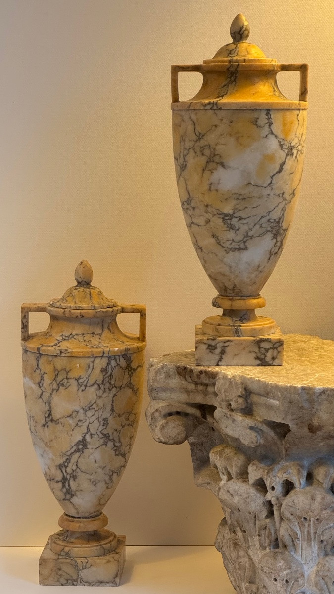 Pair Of Covered Yellow Marble Urns - Vase - 19th Century - Neoclassical-photo-7