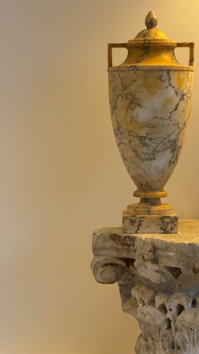 Paire d'urnes couvertes en marbre jaune-Vase-XIXe siècle-Néoclassique-photo-1
