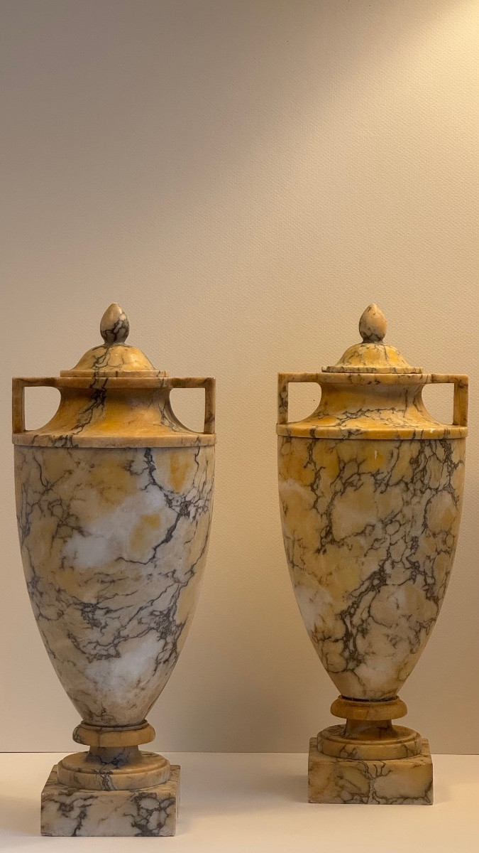 Paire d'urnes couvertes en marbre jaune-Vase-XIXe siècle-Néoclassique-photo-3