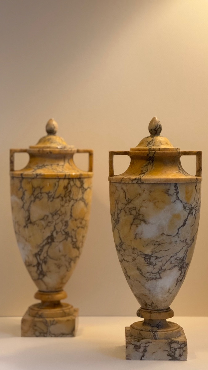 Pair Of Covered Yellow Marble Urns - Vase - 19th Century - Neoclassical