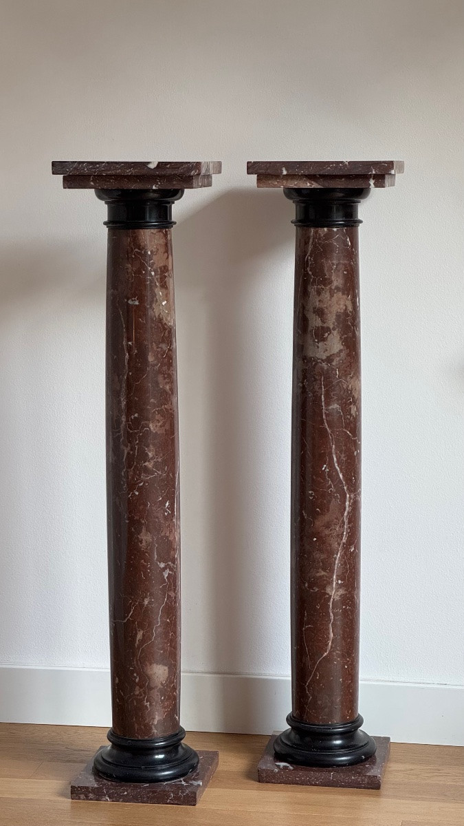 Paire de colonnes en marbre - XIXe - XXe siècle - Piédestal - Sellette - Support-photo-1