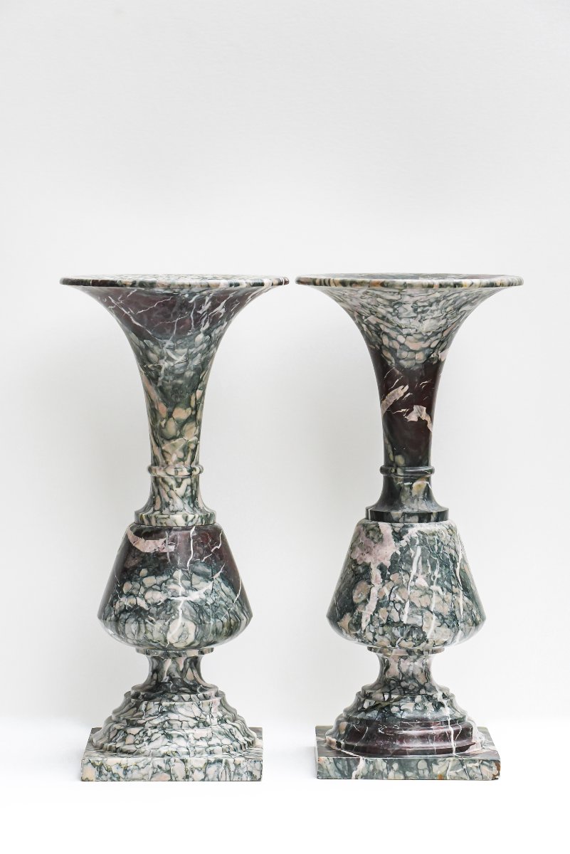 Paire de vases cornets néoclassiques en marbre de Campan grand mélange-photo-2
