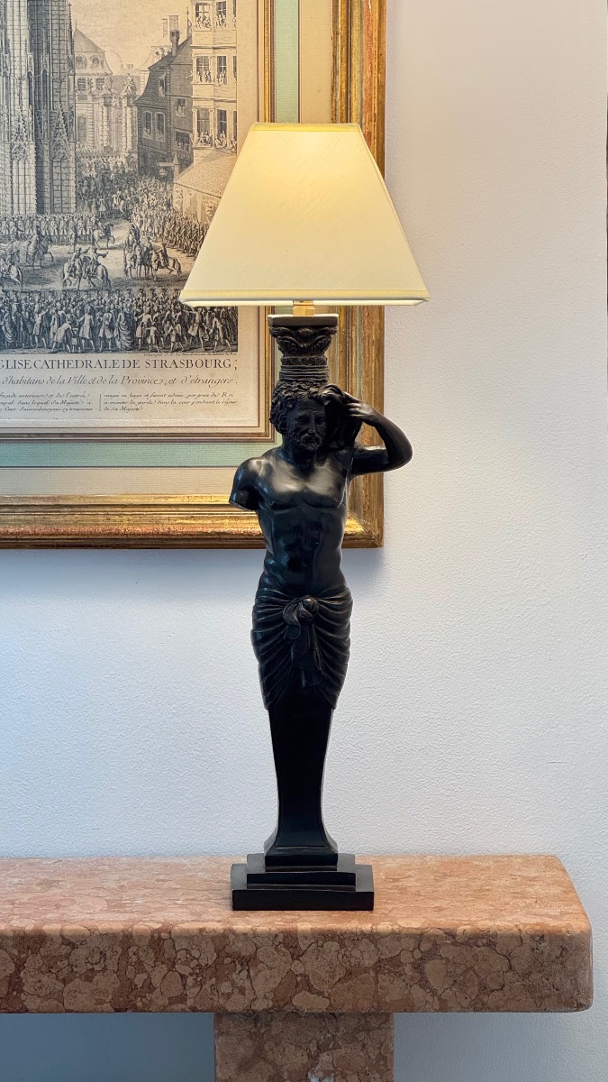 Bronze Lamp Featuring An Atlantean Caryatid Figure, Neoclassical Style XIXe Century -photo-2