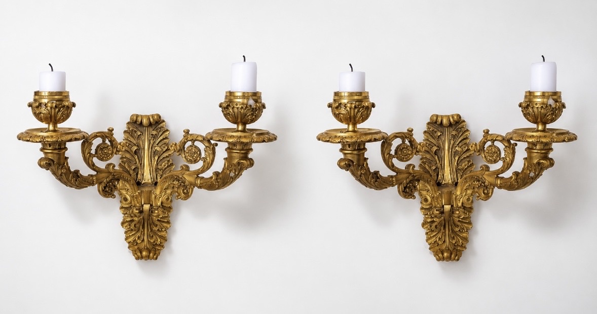 Pair Of Two-armed Wall Sconces In Gilded Bronze  - Restoration