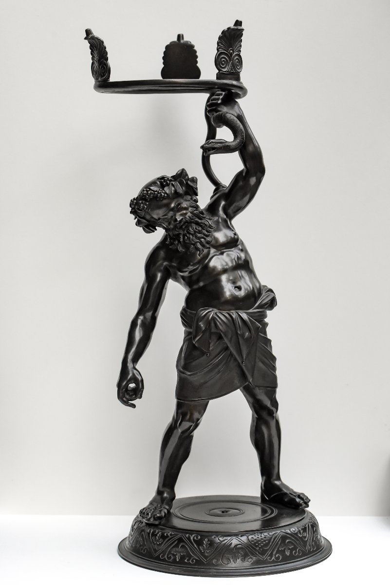 Michele Amodio–Silène « Sileno Portalampade »-Bronze-Naples-XIXe siècle-Sculture-Grand Tour-photo-3