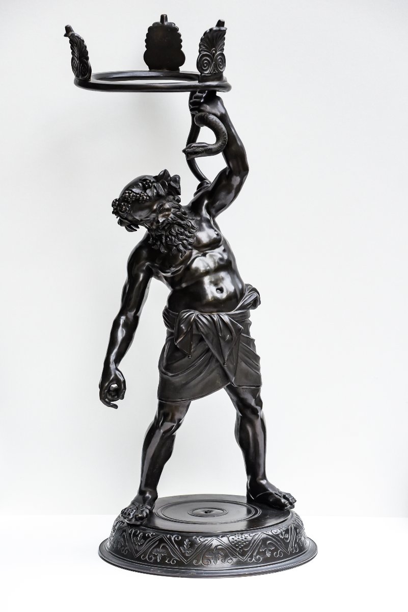 Michele Amodio–Silène « Sileno Portalampade »-Bronze-Naples-XIXe siècle-Sculture-Grand Tour