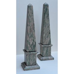 Pair Of Obelisks In Pink And Green Campan Marble, Neoclassical Style