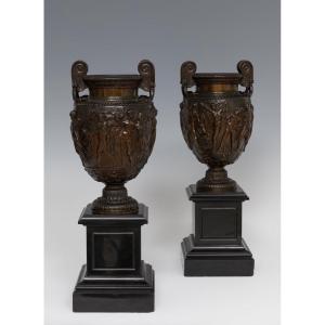 Pair Of Patinated Bronze Vases, Bacchanalian Decoration, After Clodion, Antique Neoclassical Style