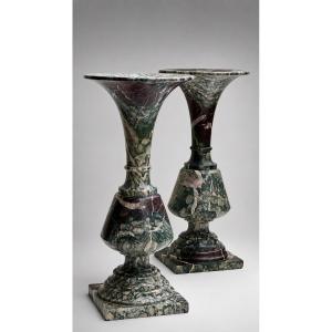 Pair Of Neoclassical Conical Vases Made Of Campan Marble (grand Mélange)