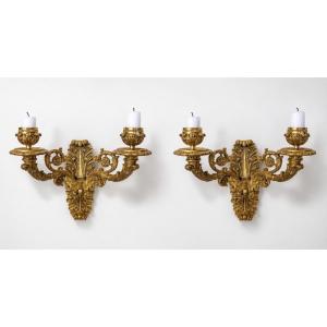 Pair Of Two-armed Wall Sconces In Gilded Bronze - Restoration