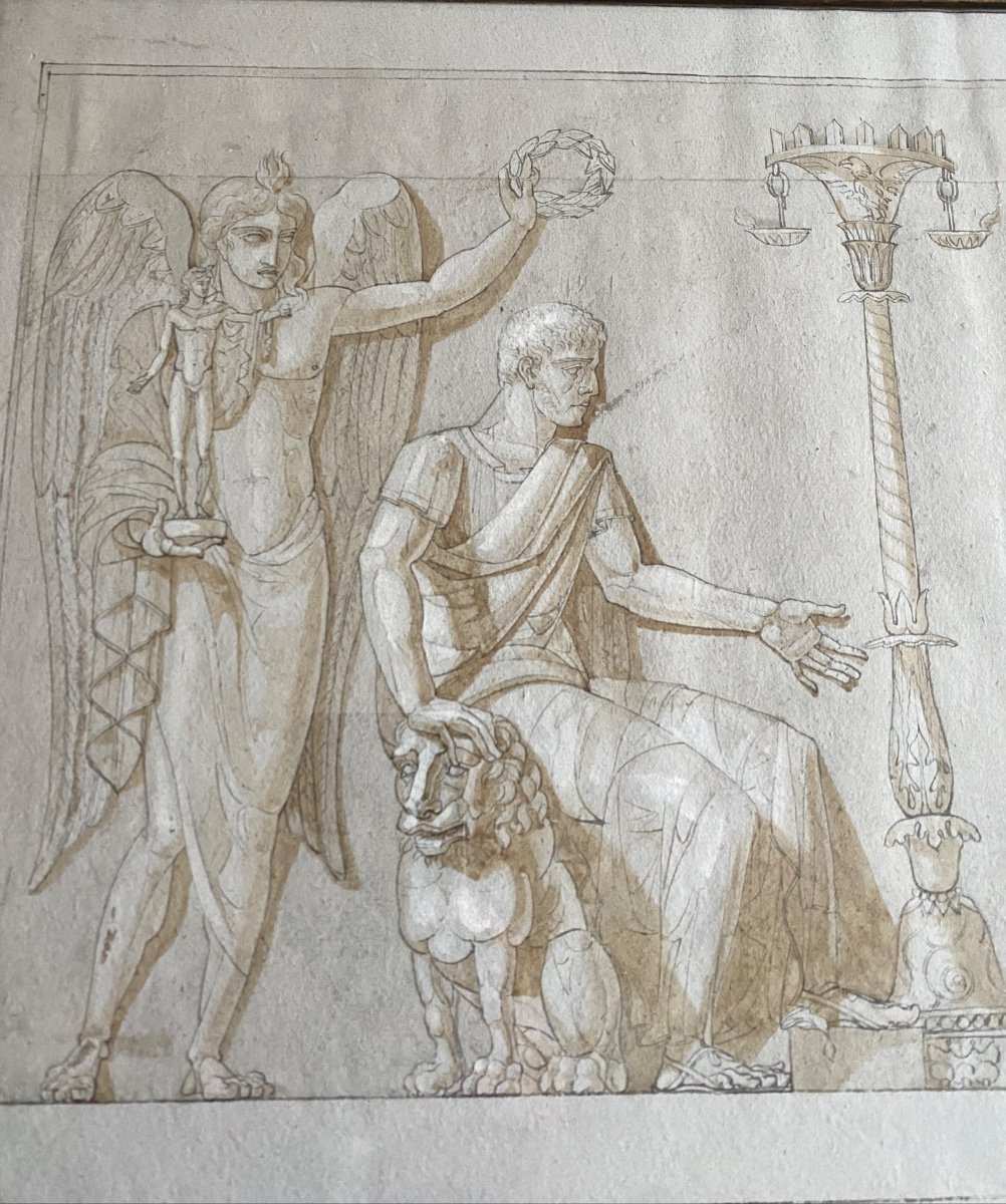 Large Italian Drawing In Mythological Frieze Late Eighteenth Portrait Roman Man Emperor  -photo-2