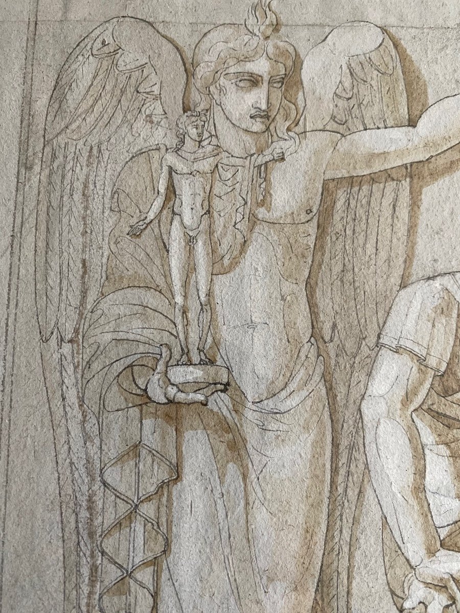 Large Italian Drawing In Mythological Frieze Late Eighteenth Portrait Roman Man Emperor  -photo-2
