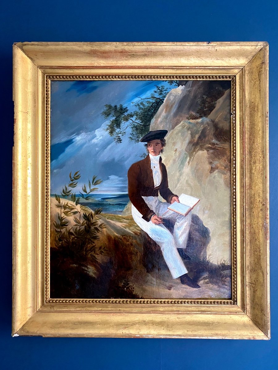 Portrait Homme Romantique Paysage Voyage En Italie Tableau Huile XIXe -photo-3