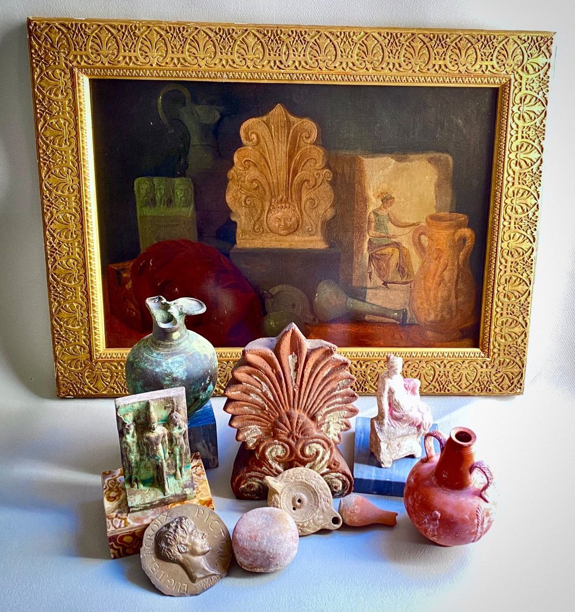 Still Life Ceramic Vase Lamp Bust Bas Relief Antique Greek Roman Painting Arthur Hacker