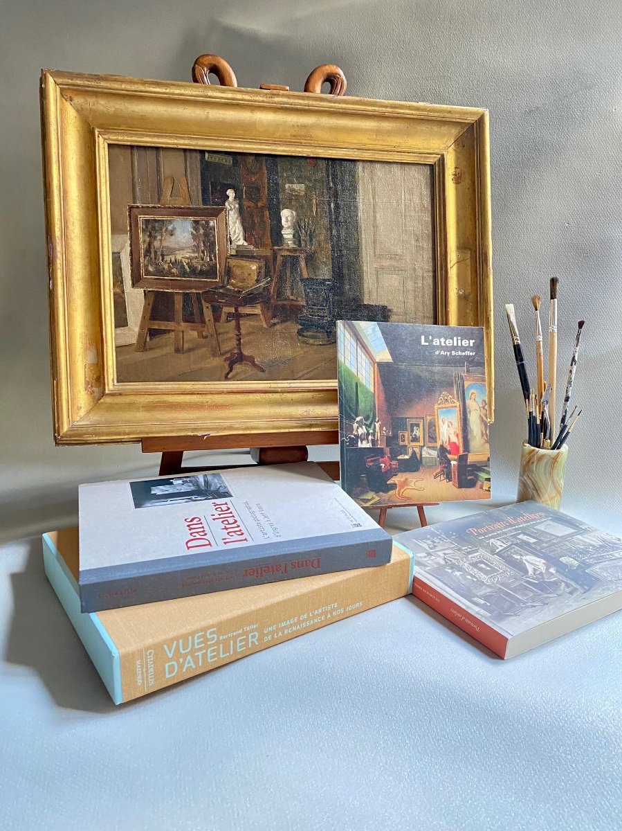 Scène D’intérieur Atelier D’artiste Venus De Milo Buste Portrait D’homme chevalet Tableau XIX-photo-2
