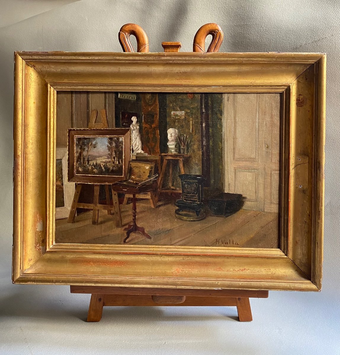 Scène D’intérieur Atelier D’artiste Venus De Milo Buste Portrait D’homme chevalet Tableau XIX-photo-2