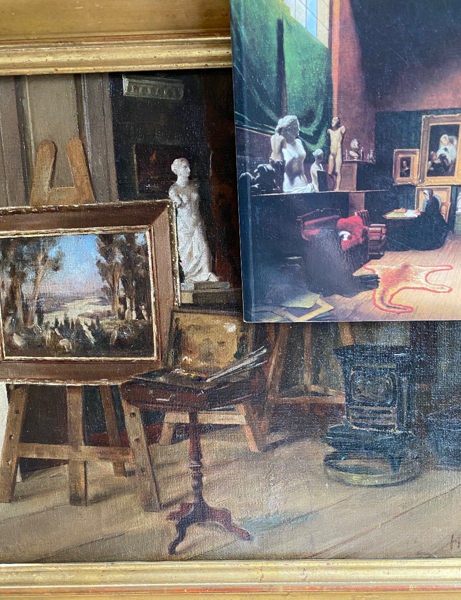 Scène D’intérieur Atelier D’artiste Venus De Milo Buste Portrait D’homme chevalet Tableau XIX-photo-3