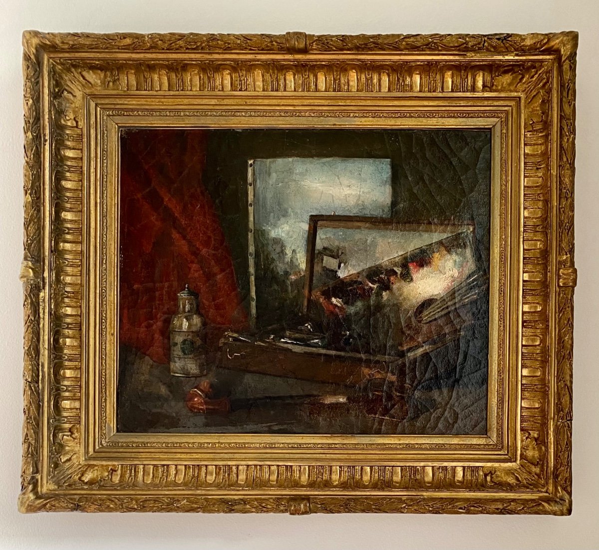 Nature Morte à La Palette  et  la pipe avec un tableau Paysage, huile XIX -photo-2