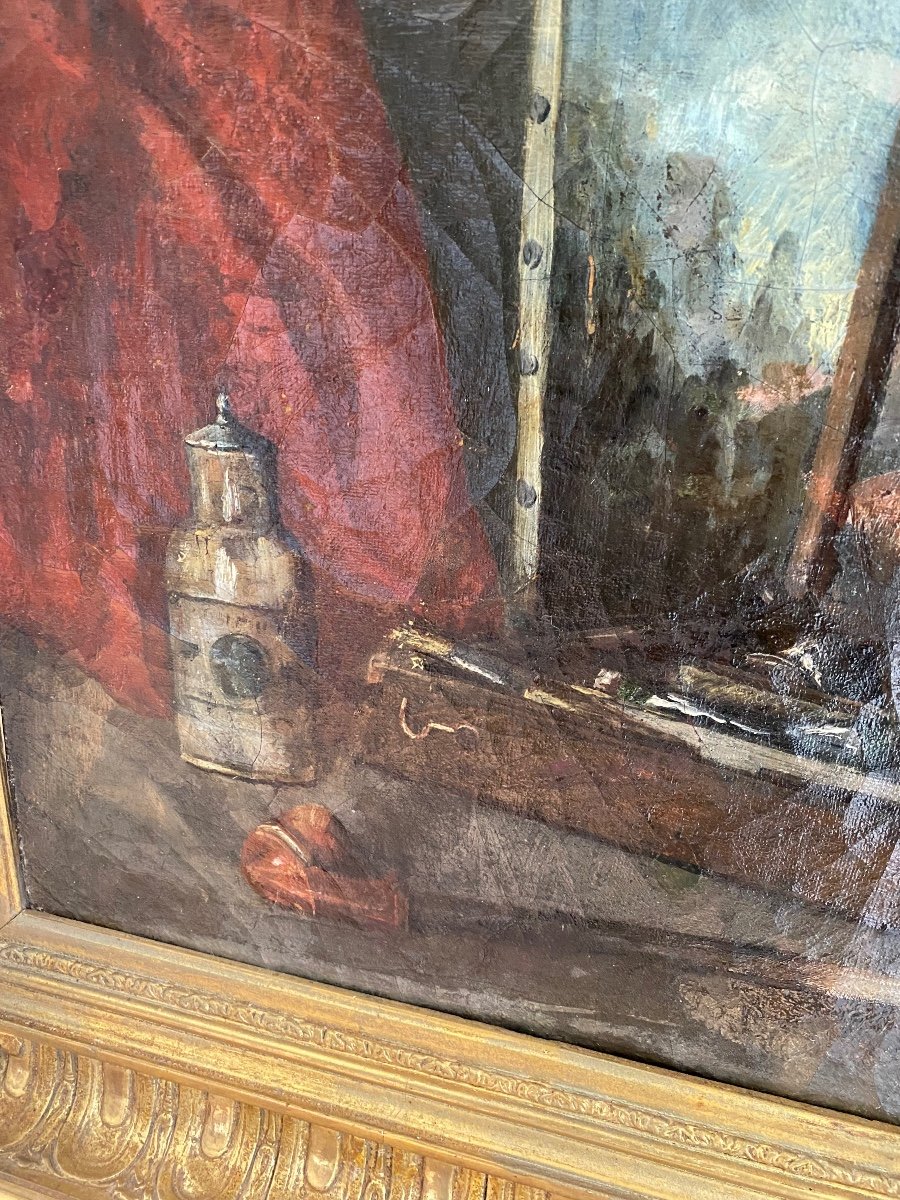 Nature Morte à La Palette  et  la pipe avec un tableau Paysage, huile XIX -photo-4