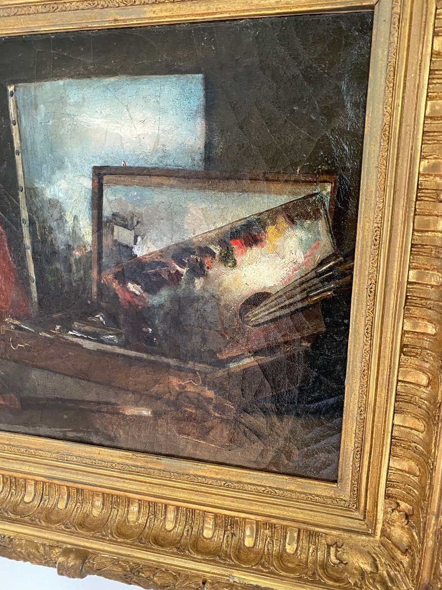 Nature Morte à La Palette  et  la pipe avec un tableau Paysage, huile XIX -photo-1
