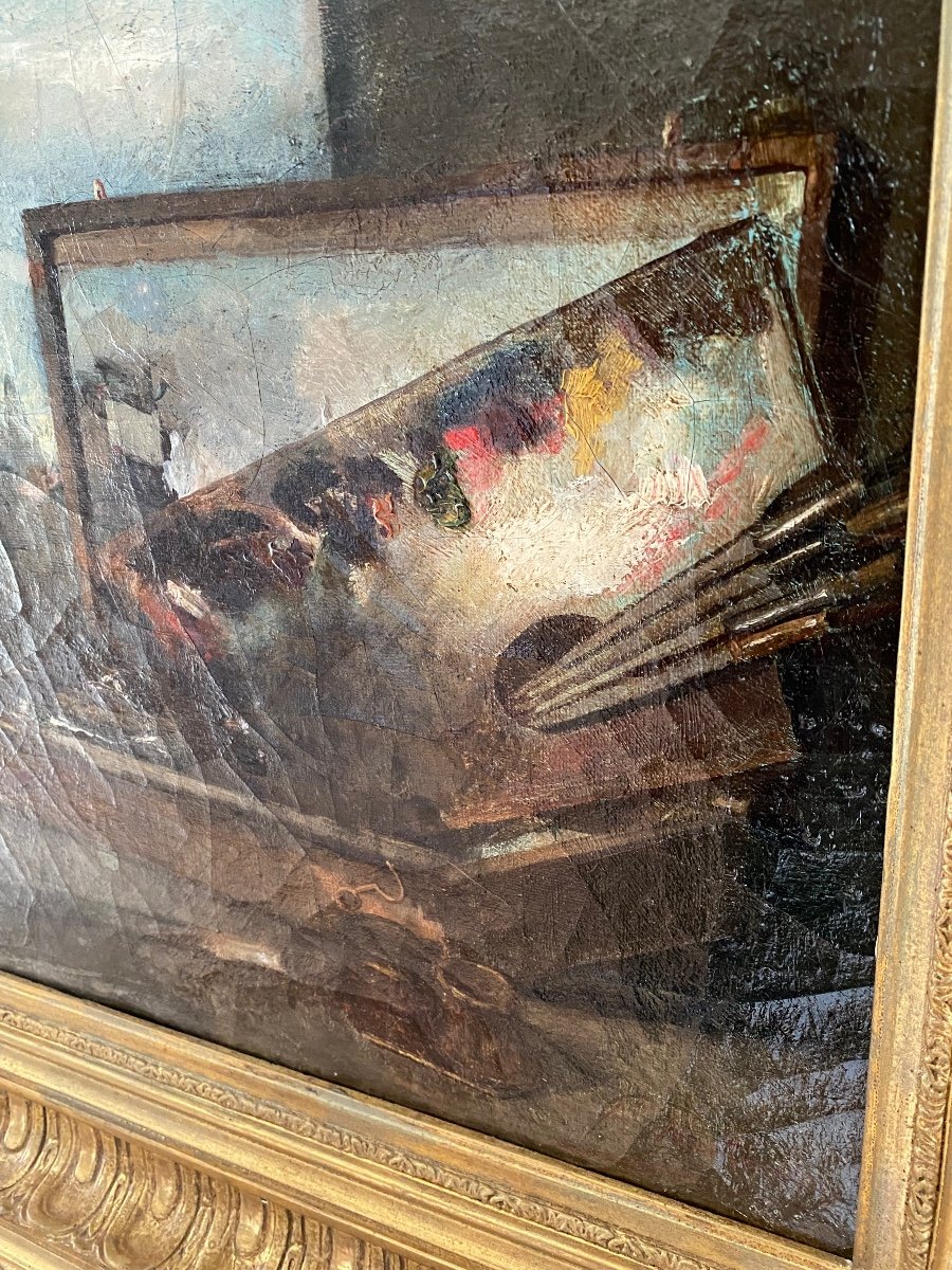 Nature Morte à La Palette  et  la pipe avec un tableau Paysage, huile XIX -photo-3
