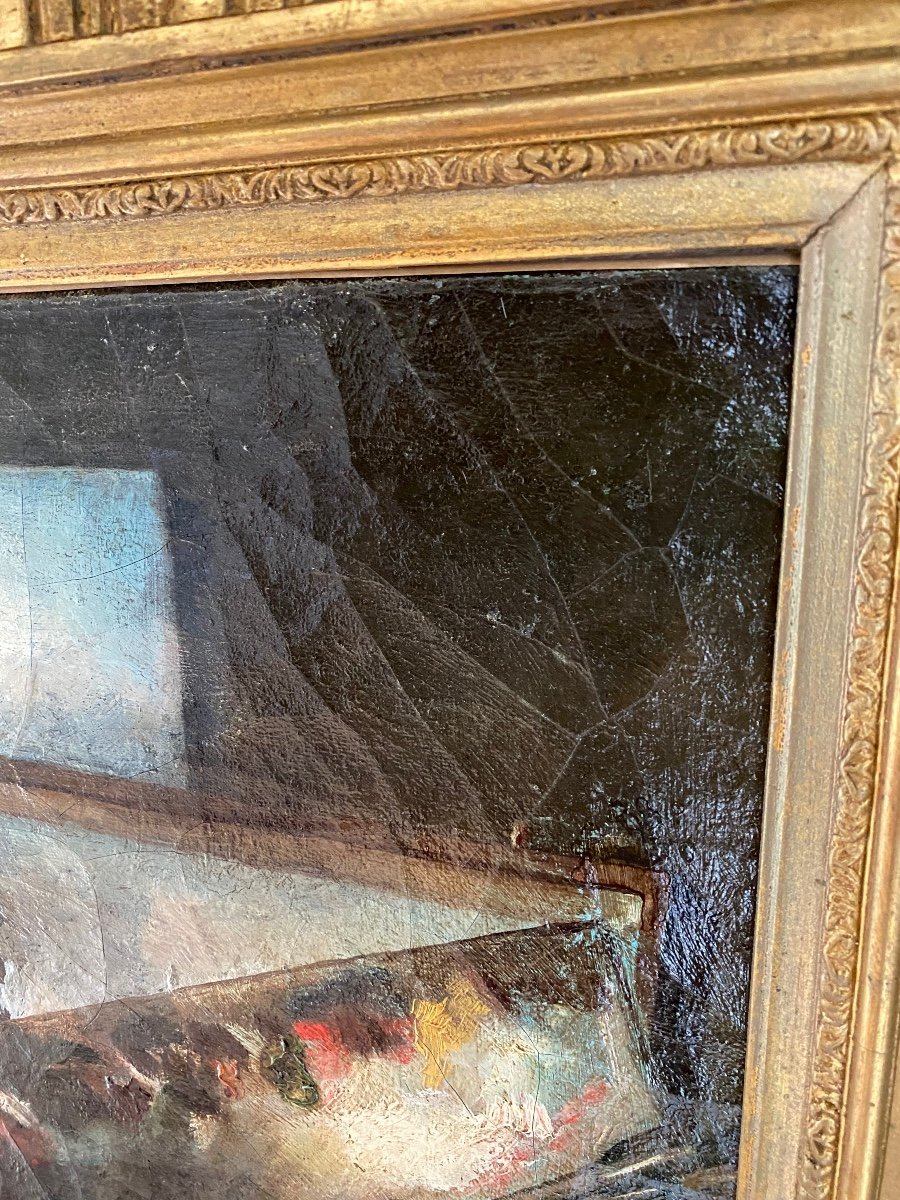 Nature Morte à La Palette  et  la pipe avec un tableau Paysage, huile XIX -photo-4
