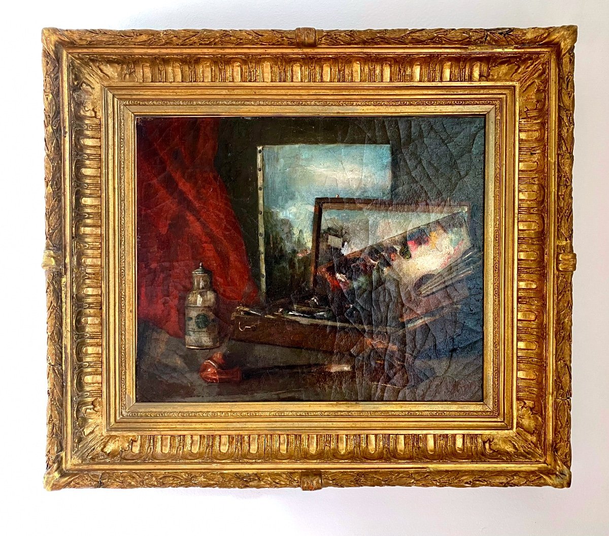 Nature Morte à La Palette  et  la pipe avec un tableau Paysage, huile XIX 