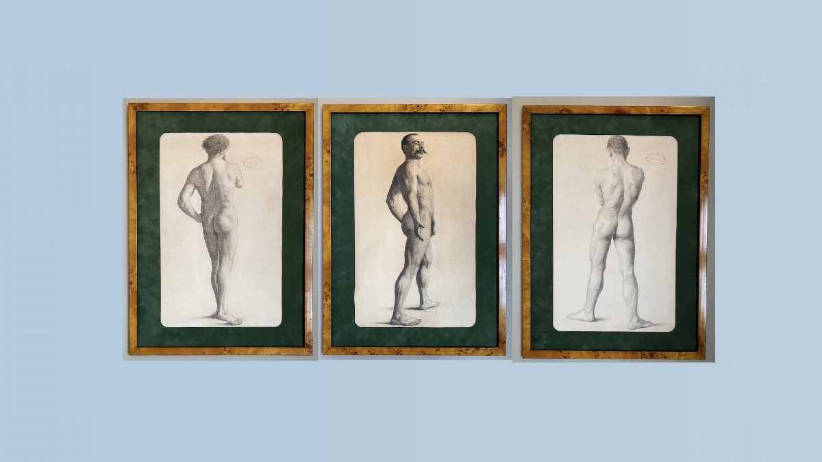Three Academic Drawings Of A Nude Man Portrait, 19th Century, National School Of Decorative Arts-photo-2