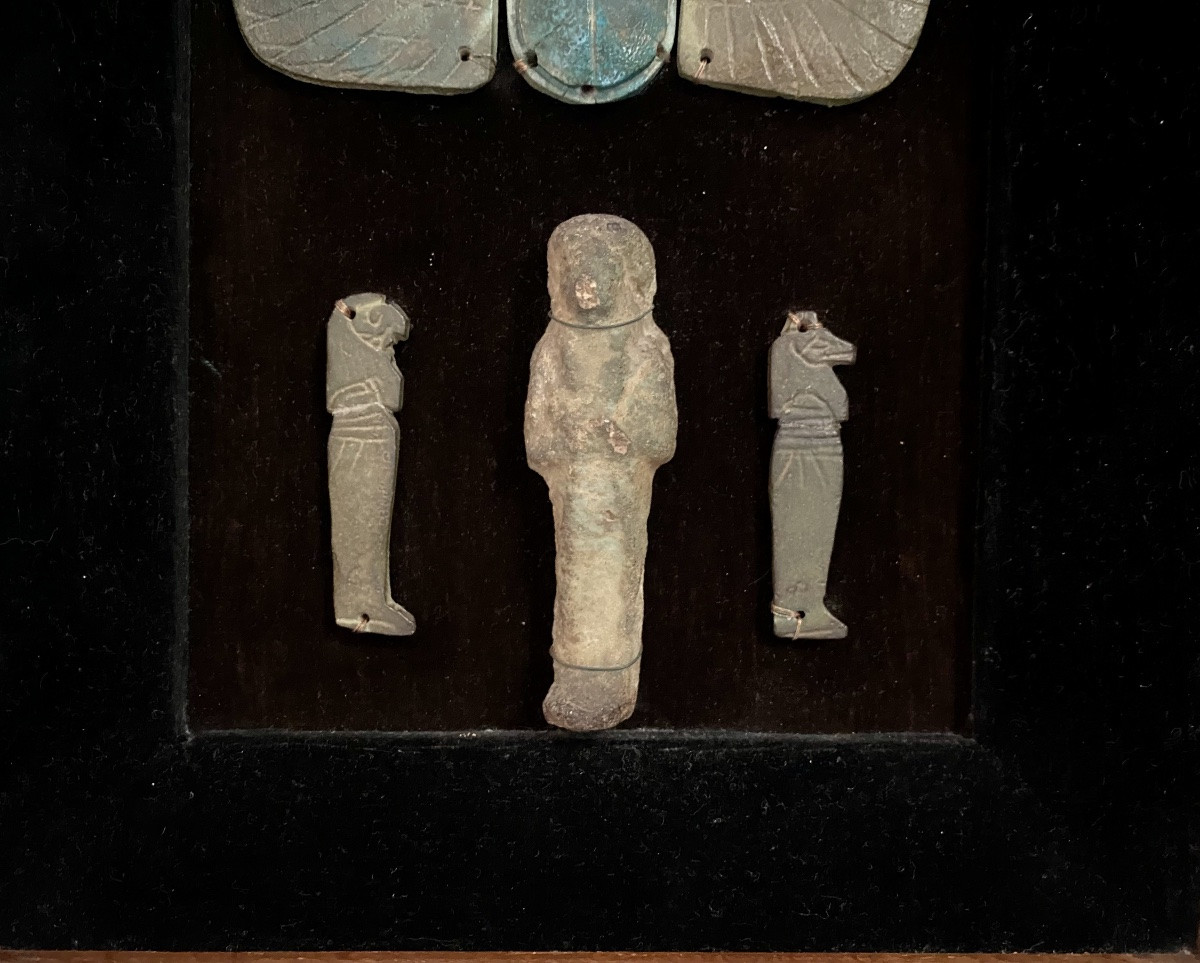 Composition Of Ancient Egyptian Amulets: Scarab, Horus, Ushabti, Blue Faience -photo-4