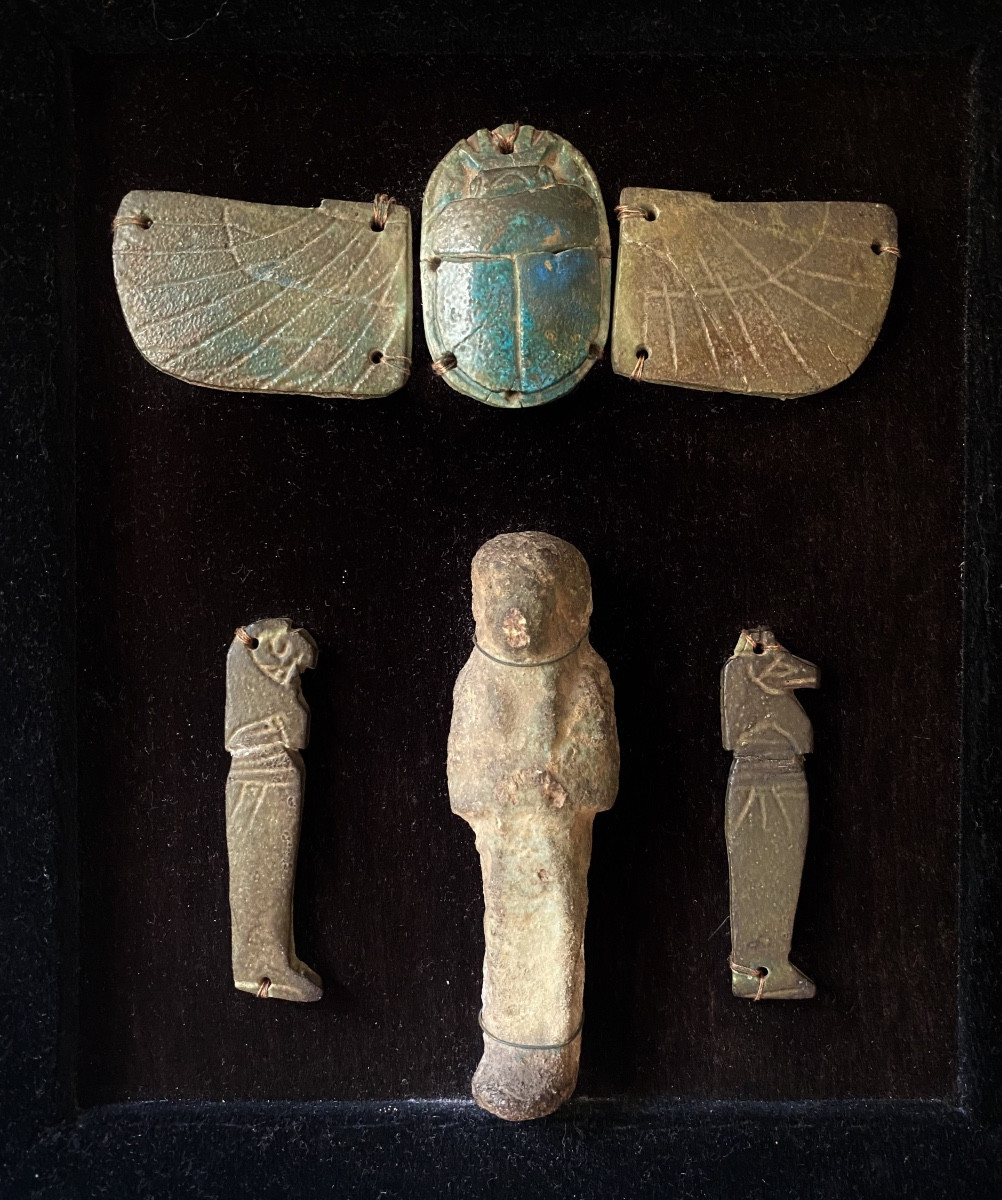 Composition Of Ancient Egyptian Amulets: Scarab, Horus, Ushabti, Blue Faience -photo-2