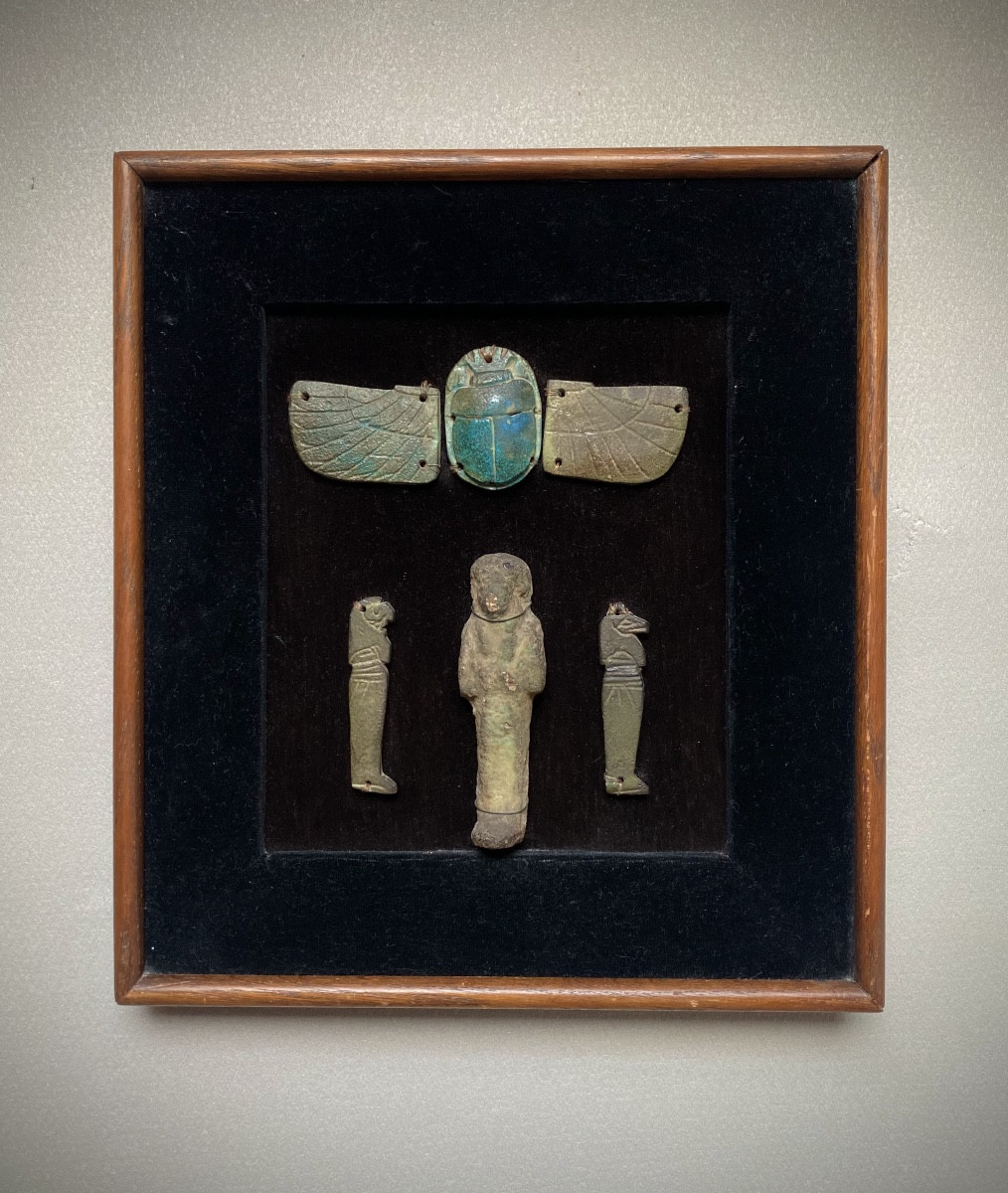 Composition Of Ancient Egyptian Amulets: Scarab, Horus, Ushabti, Blue Faience -photo-1