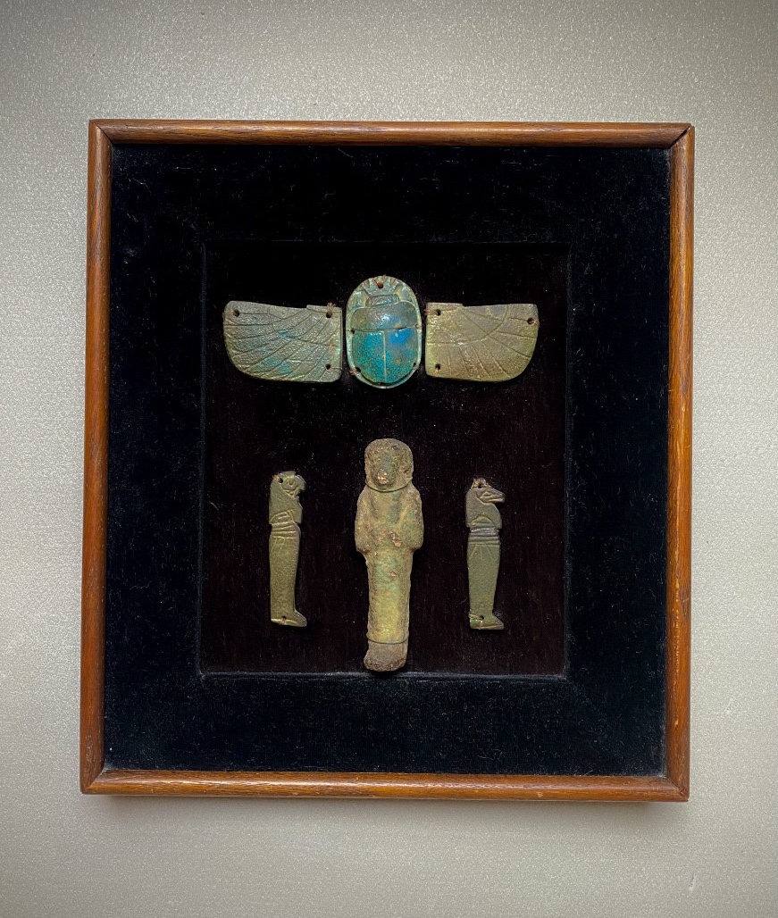 Composition Of Ancient Egyptian Amulets: Scarab, Horus, Ushabti, Blue Faience 