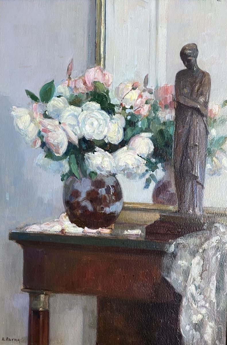 Still Life With Venus & Vase Of Flowers, André Advier, Oil On Canvas, Early 20th Century -photo-3