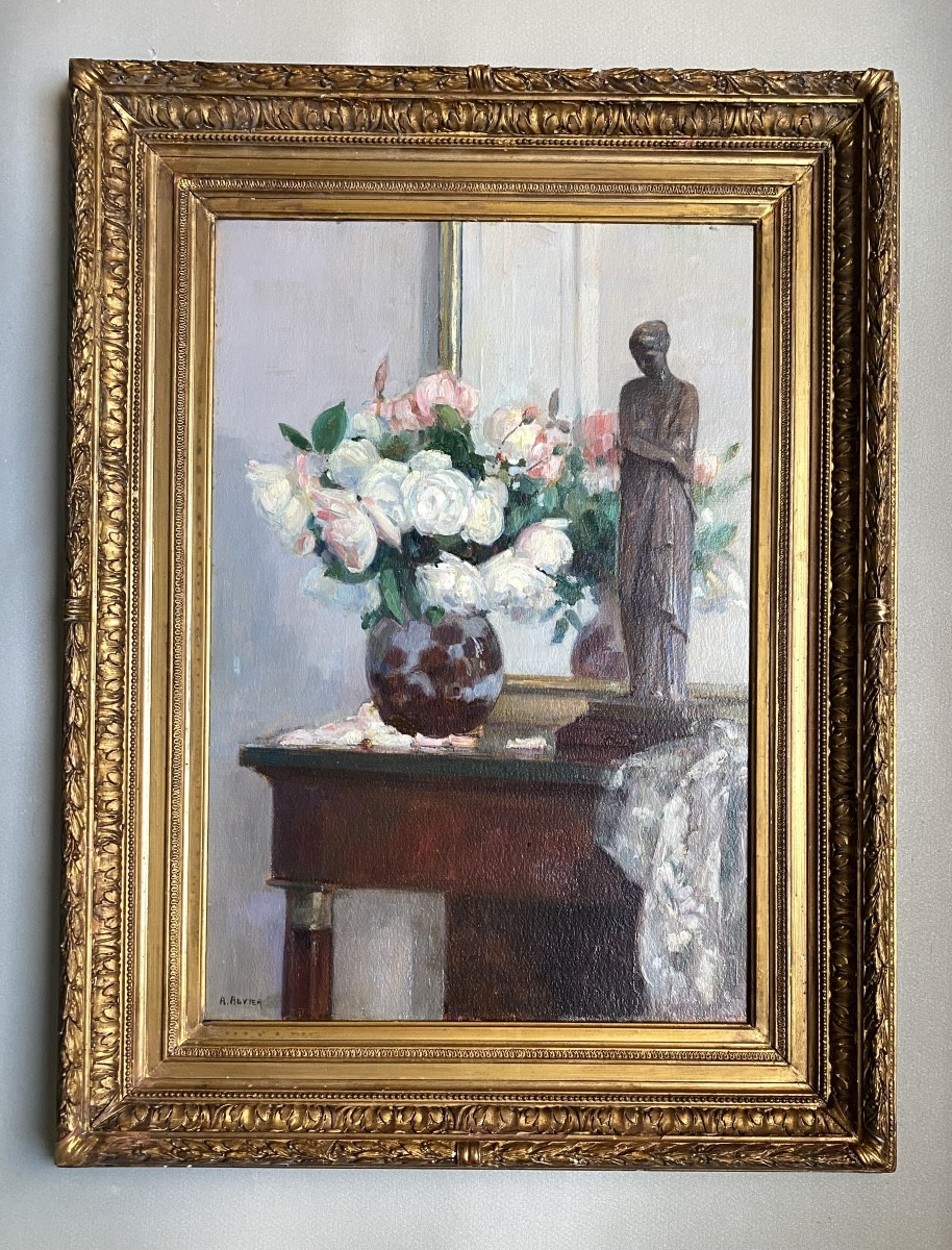 Still Life With Venus & Vase Of Flowers, André Advier, Oil On Canvas, Early 20th Century 