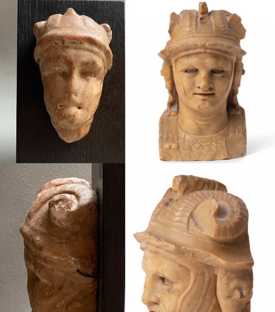 Portrait d’Alexandre Le Grand, Casque Cornu, haut de colonne pilier Marbre jaune antique romain-photo-4