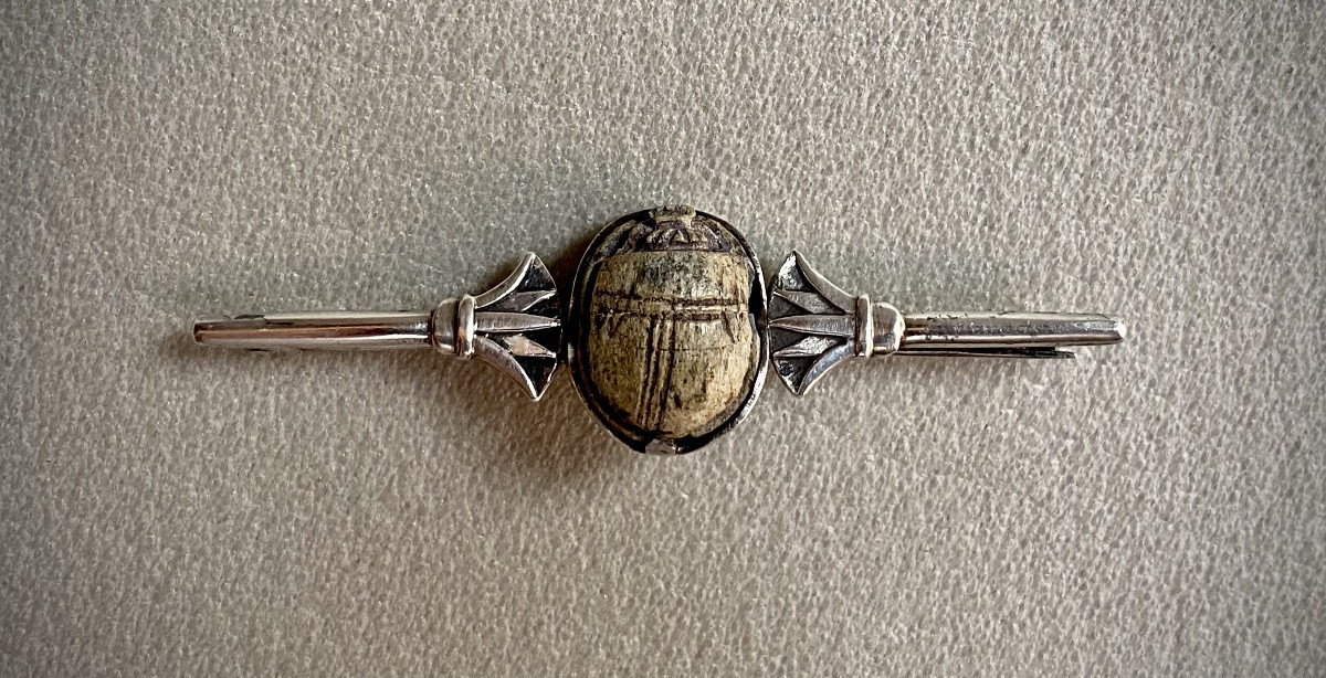 Antique Egyptian Faience Scarab Mounted As A Silver Brooch With An Art Deco Palm Tree Motif-photo-2