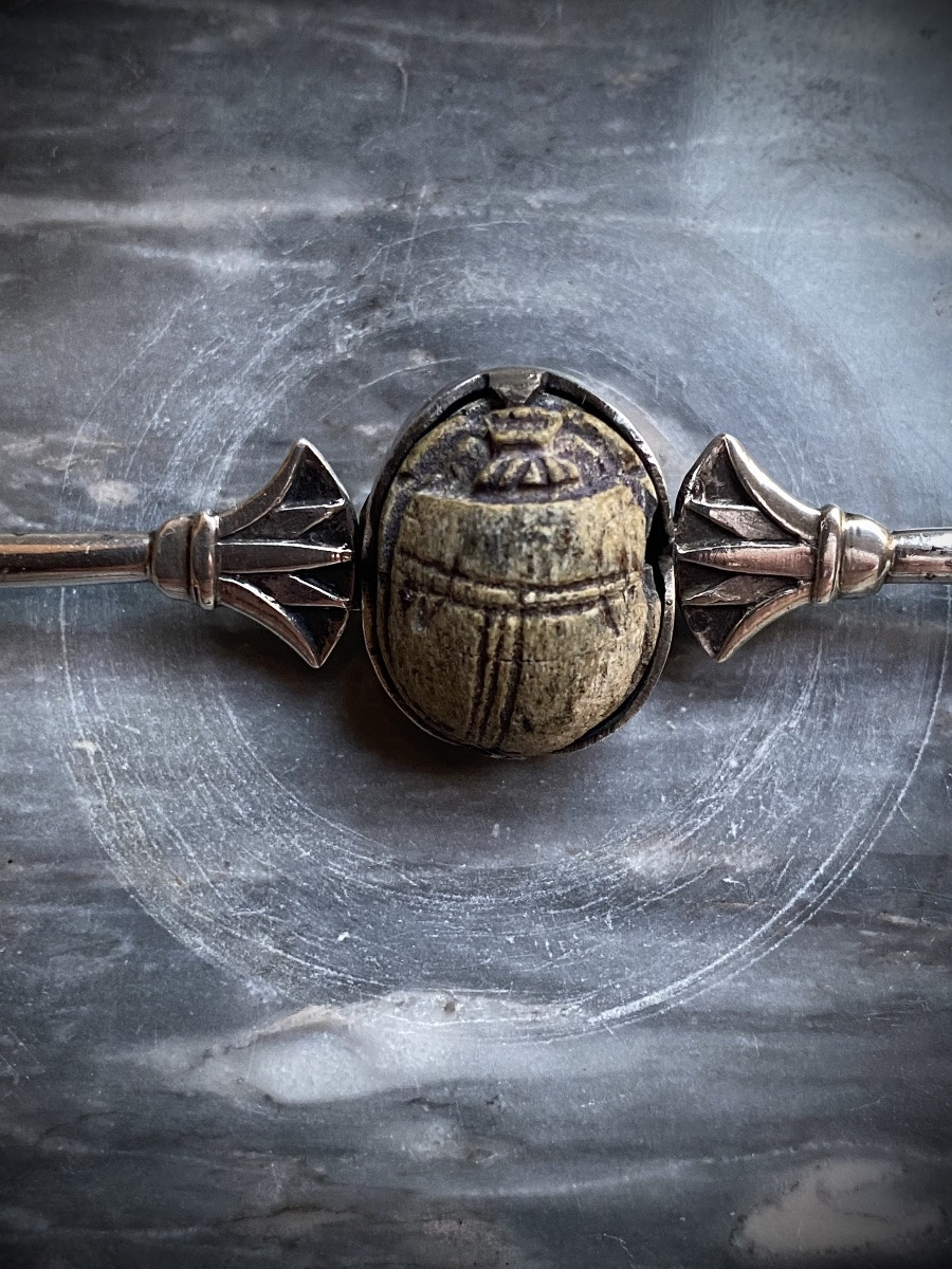 Antique Egyptian Faience Scarab Mounted As A Silver Brooch With An Art Deco Palm Tree Motif-photo-3